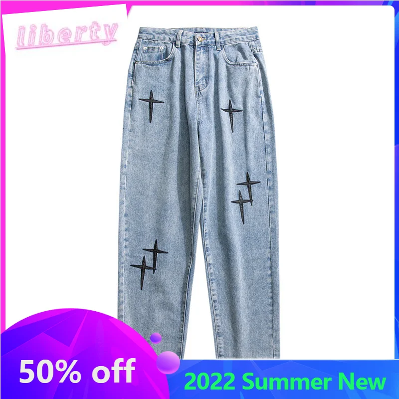 

New Embroidered Jeans Men Straight Loose Wide-leg Pants Spring and Autumn Korean Fashion High Street Hip Hop Style Male Trousers