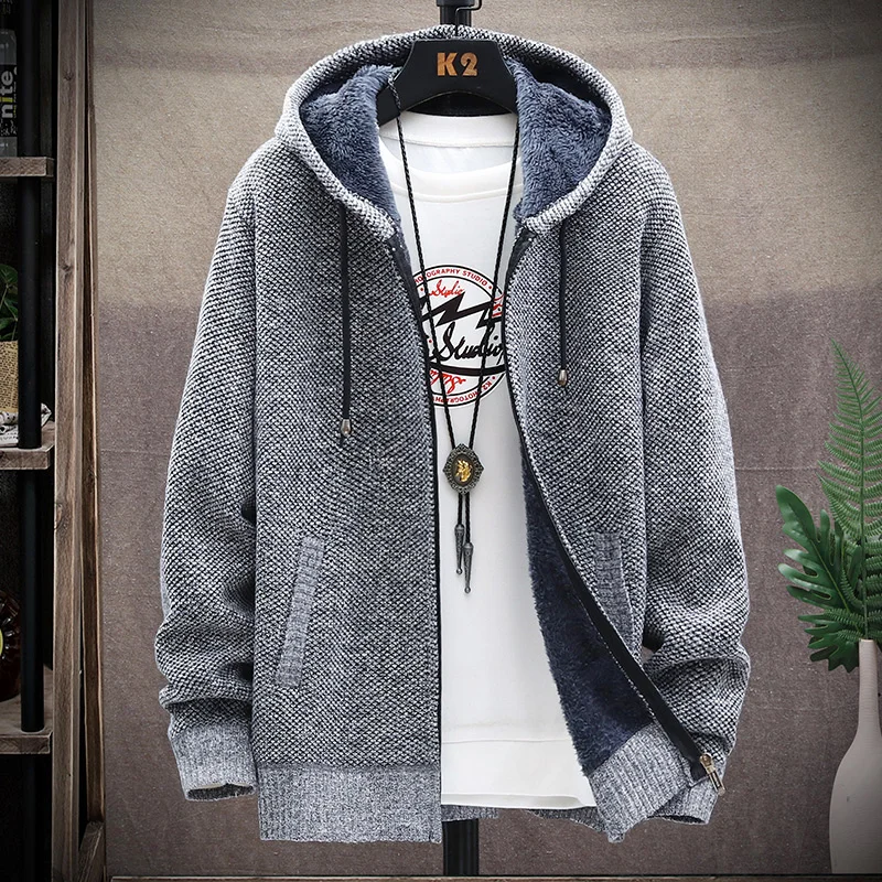 

2023 Autumn Korean Hooded Men's Sweaters with Thick and Velvet Men's Cardigan Knitted Sweatercoats Solid Jacket Male M-3XL 9802