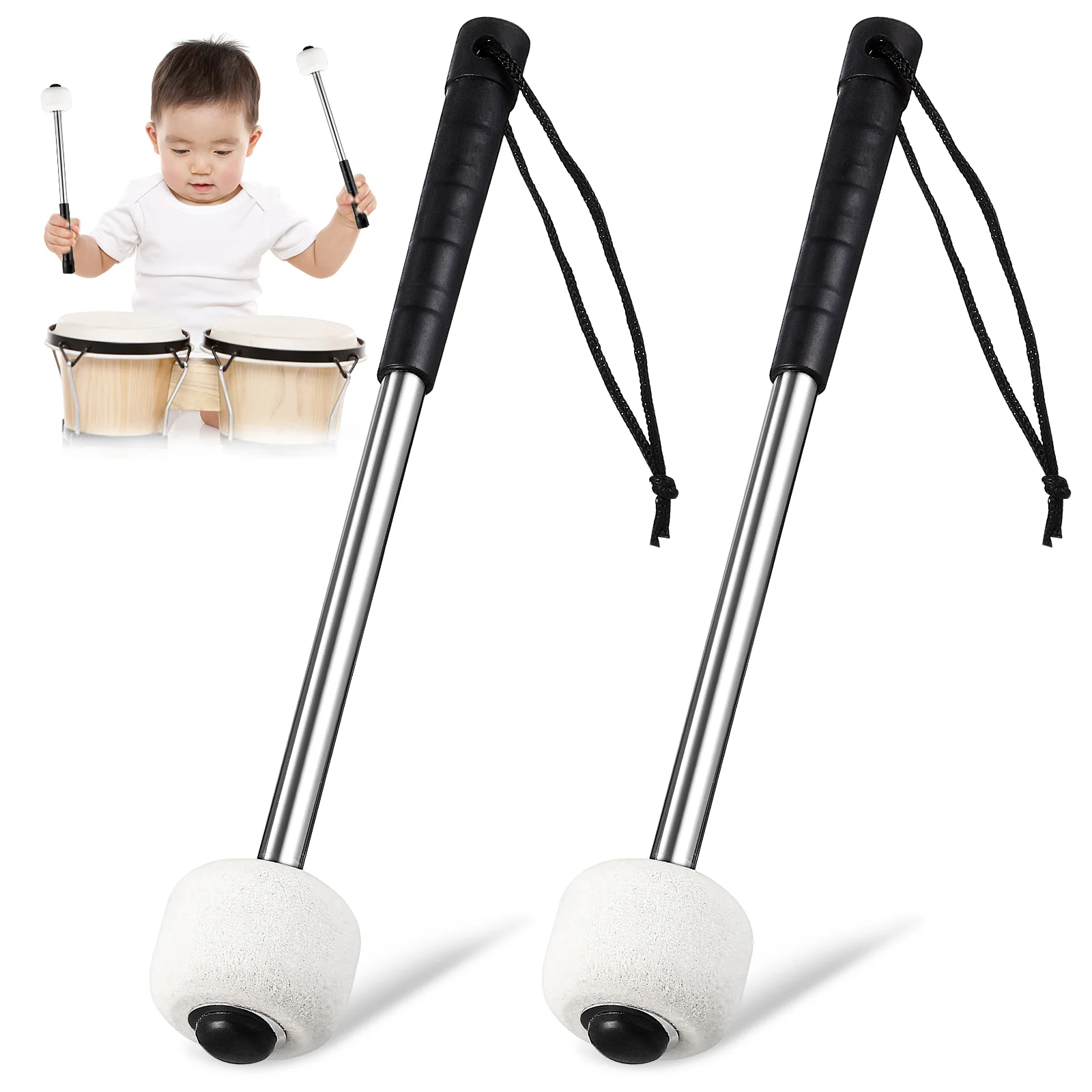 

2 Pcs Wool Felt Stainless Steel Drumstick Child Bass Accessories Kids Drumsticks Mallets