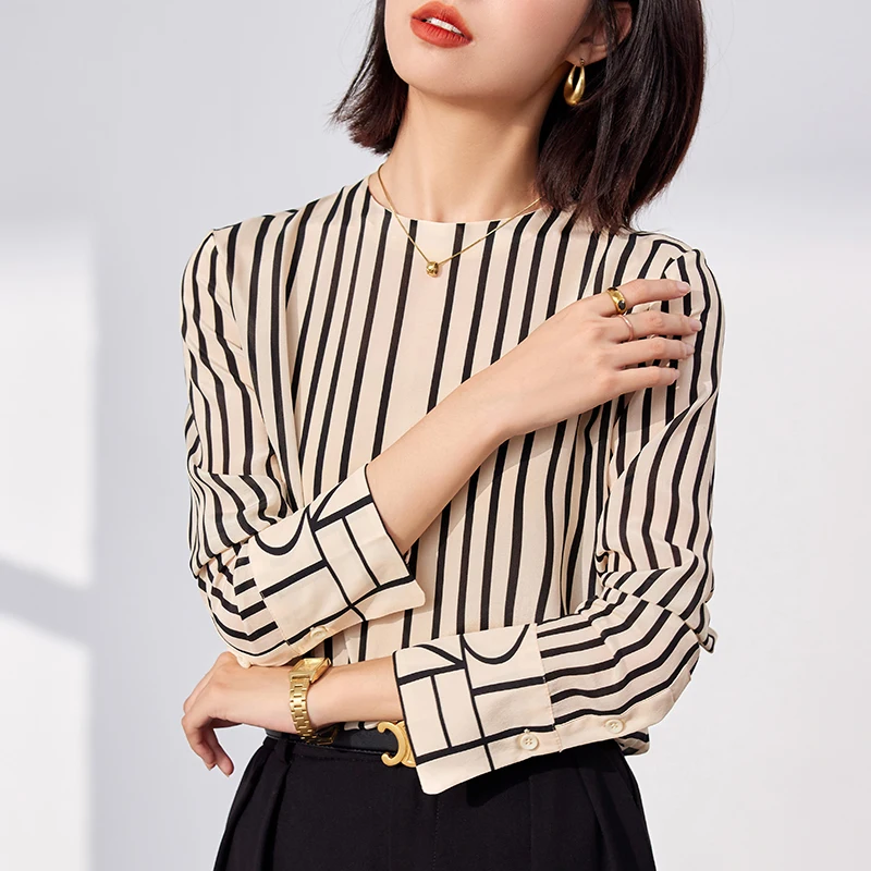 

Chiffon Women's Shirts Summer 2023 New Stripes Prints Blouses Loose Casual Long Sleeves Tops Ladies Clothing O-Neck YCMYUNYAN