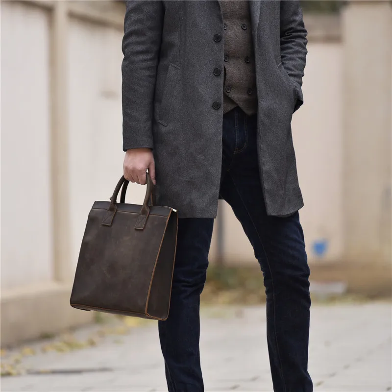 Fashion vintage genuine leather men women's briefcase simple business crazy horse cowhide work file handbag laptop shoulder bag