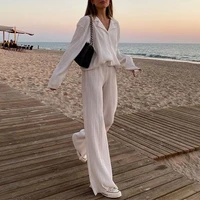 spring womens shirt pleated two piece set loose high waist wide leg pants suit 2022 casual elegant office ladies female outfit
