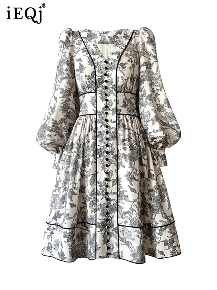 

IEQJ Vintage Printed Waist Midi Dress For Women 2023 Trend Spring New V-neck Lantern Sleeve Button Design Female Dresses 3W4384