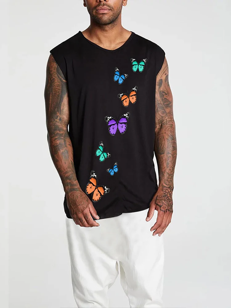 

2022 New Loose Sleeveless Tee Shirts For Mens Summer Casual Butterfly Printing Tank Tops Men Fashion O-Neck Pullover Streetwear