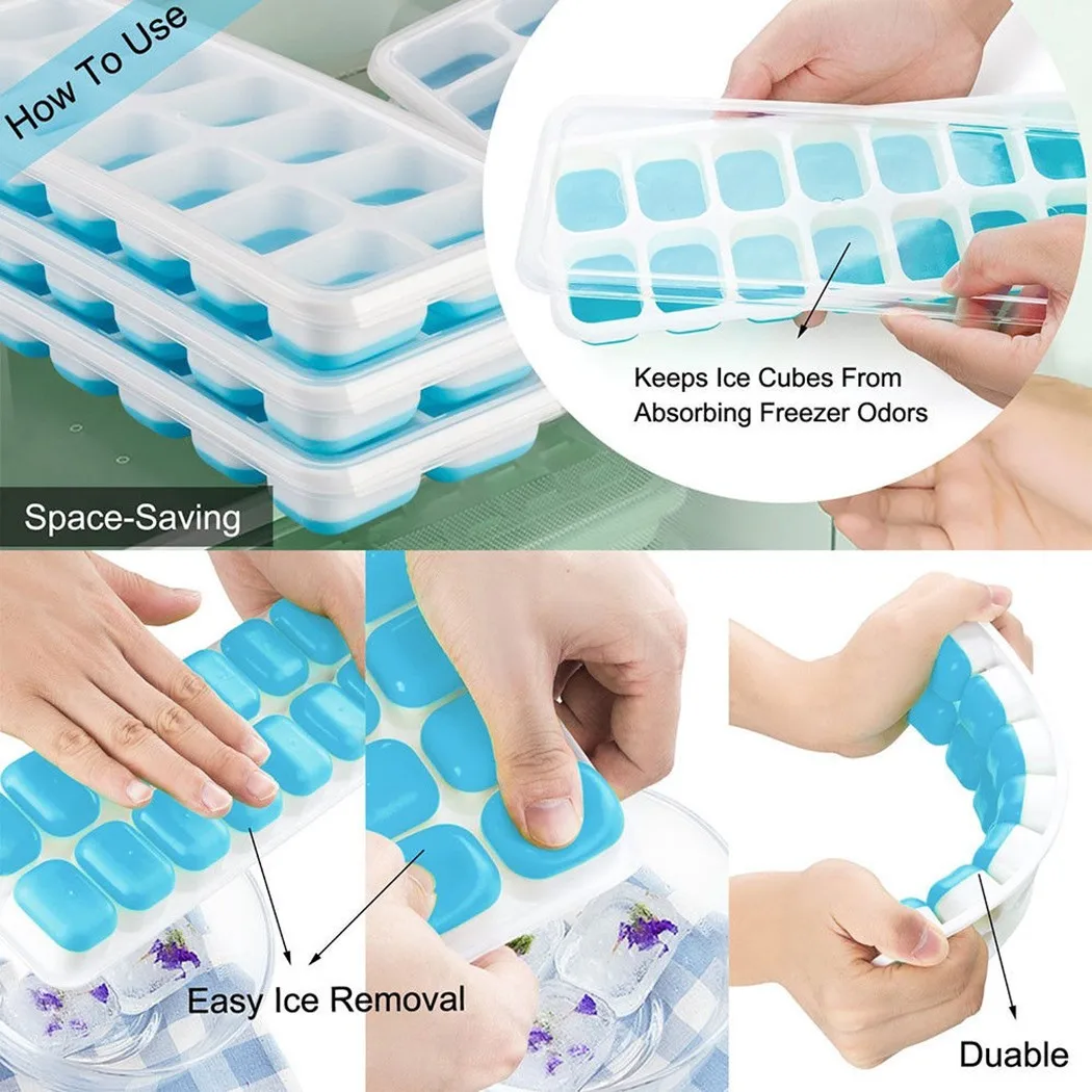 

1x Ice Cube Tray 14Holes Silicone Ice Cube Tray Ices Maker Mold Trays Containers With Cover Creative Ice Cube Tools
