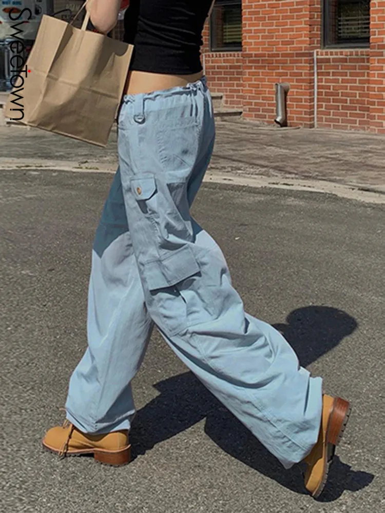

Уличная одежда Sweetown Y2K с карманами и низкой талией, мешковатые брюки для бега, Женские Модные Винтажные свободные брюки-карго в стиле хиппи