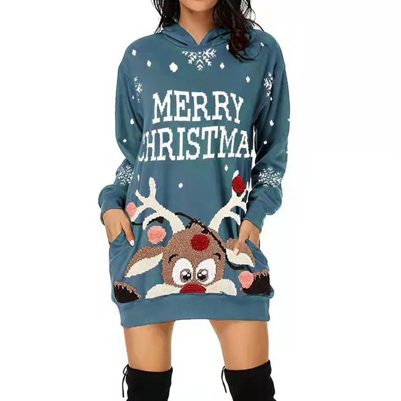 2023 Spring/Summer Fashion New Product Casual Christmas Print Long Sleeve Pocket Hoodie Wide Elegant Loose Women's Dress