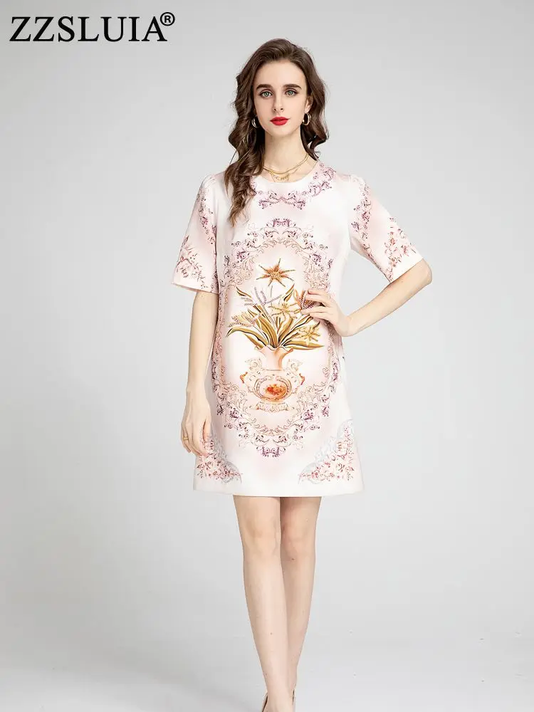 

ZZSLUIA Vintage Dresses For Women Diamonds Beading Designer Printed Elegant Dress Fashion Summer One Piece Female Clothing