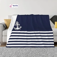 nautical navy blue stripes and white anchor blankets fleece multi function soft throw blanket for home bedroom