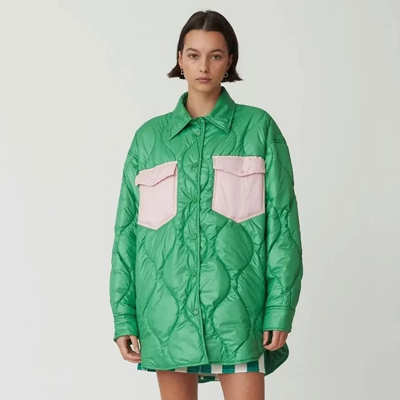 Ardm Casual Quilted Contrasting Colors Cotton Coats Streetwear Long Sleeve With Pockets Winter Jacket Women 2022 Outerwear Tops