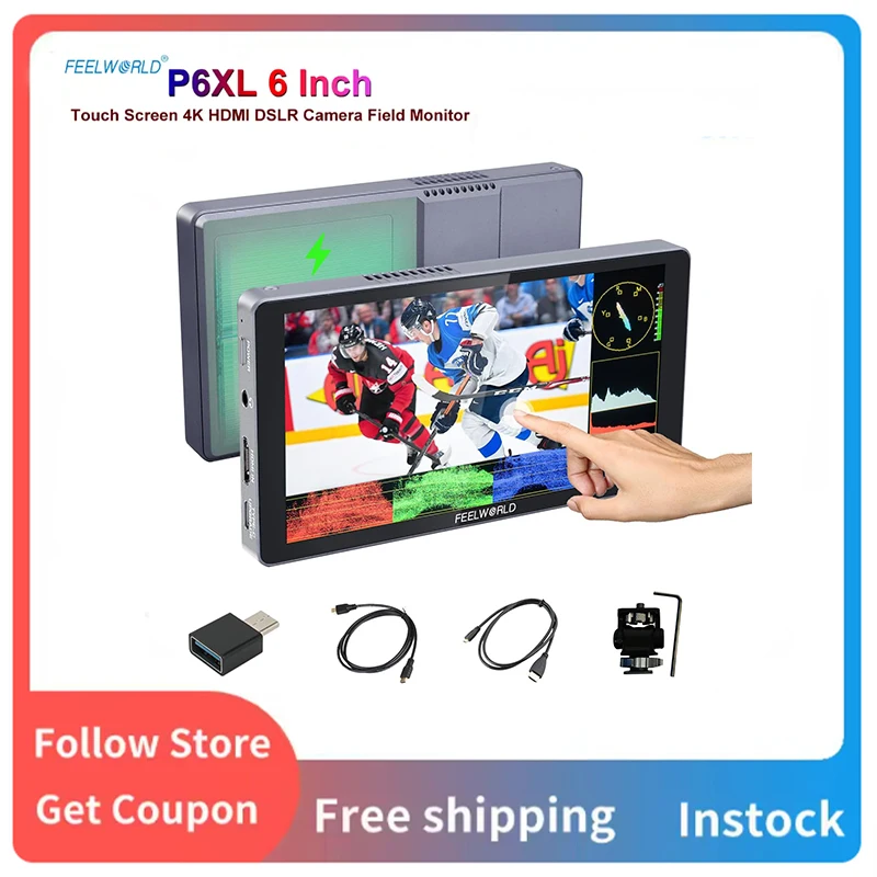 Фото FEELWORLD P6XL 1200nit 6-дюймовый алюминиевый монитор для DSLR-камер со встроенным аккумулятором, сенсорным экраном, 4K HDMI, высокой яркостью №1
