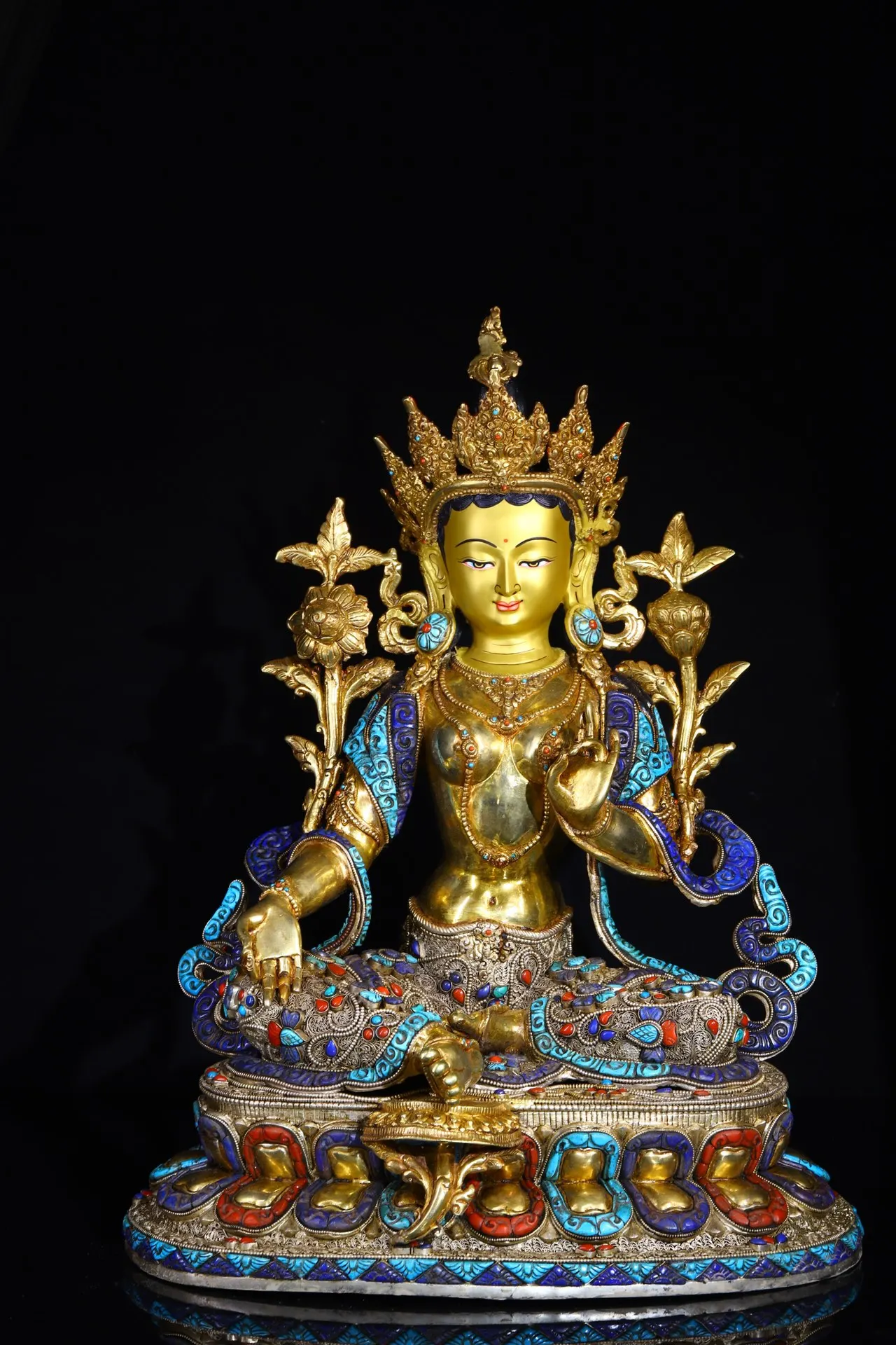 

18" Tibetan Temple Collection Old Bronze Filigree Outline in gold Gem Dzi Beads Green Tara lotus platform worship buddha