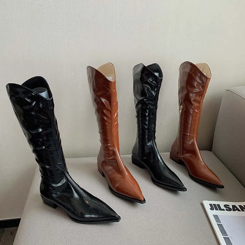 

Pointed Toe Women Chelsea Boots 2022 New Party Pumps Flat Low Heeled Black Brown Side Zipper Knight Boots Woman Winter Pumps