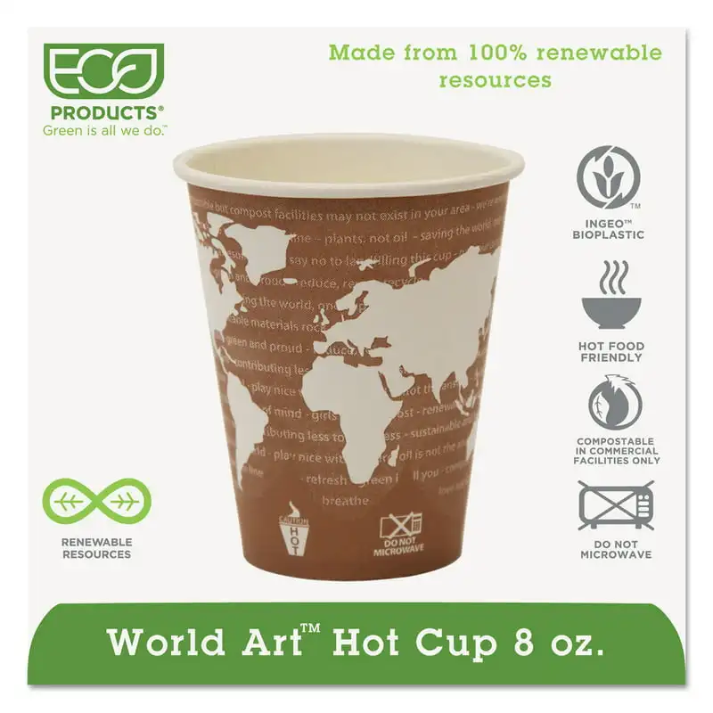 

World Art Renewable Compostable Hot Cups, 8 oz. (20 Packs/Carton, 50/Pack)