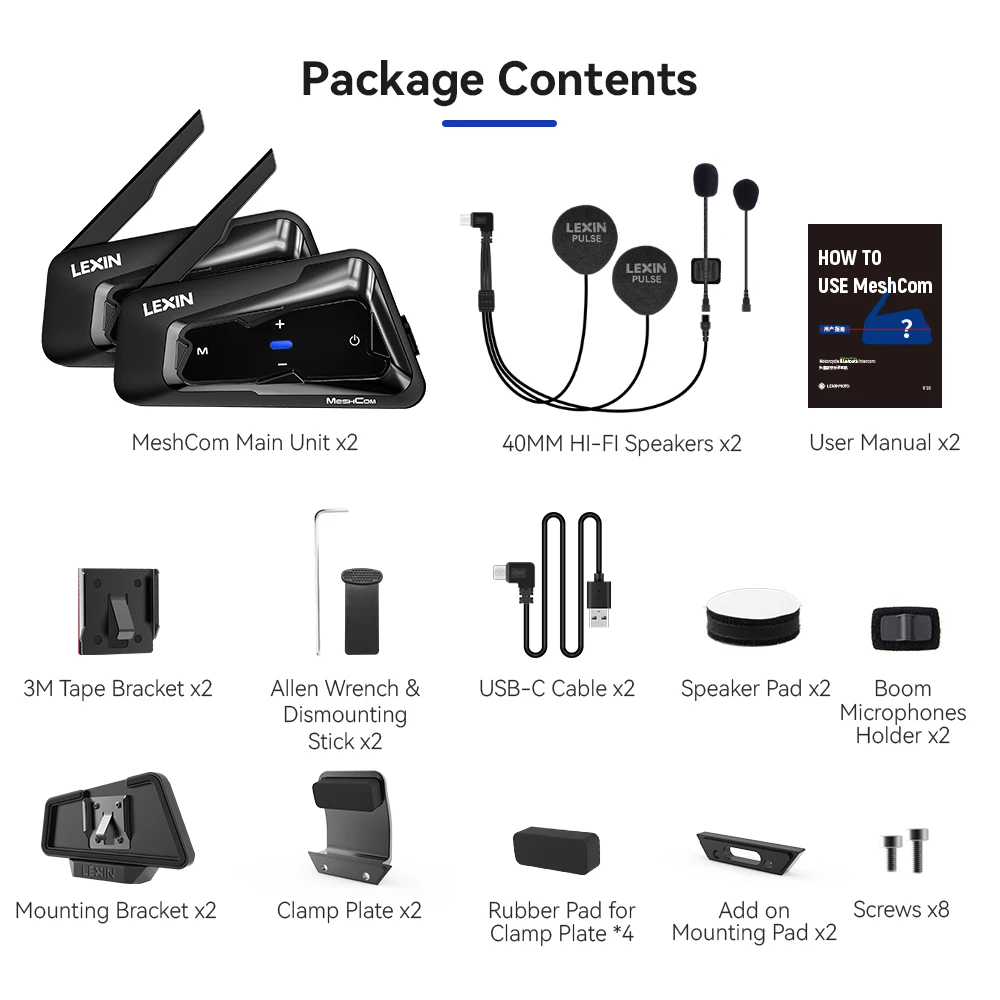 LEXIN-MeshCom Мотоциклетная гарнитура MESH и Bluetooth, домофон, с сетчатой системой связи, параллельным аудиодомофоном, 24 гонщиками