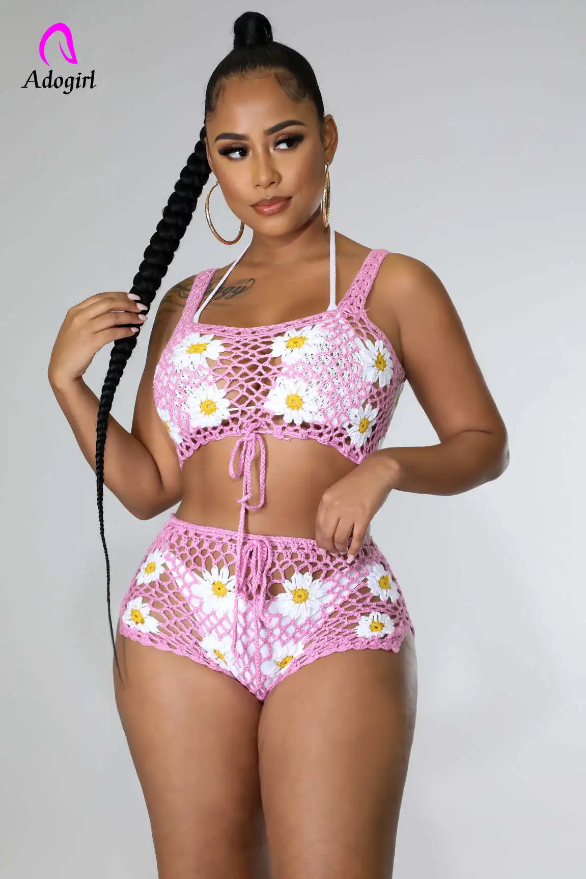 

Fishnet Knitted Women 2 Piece Set Sleeveless Crop Tank Top Skinny Mini Shorts Flower Stitching 2022 Summer Beach Bikini Cover-up