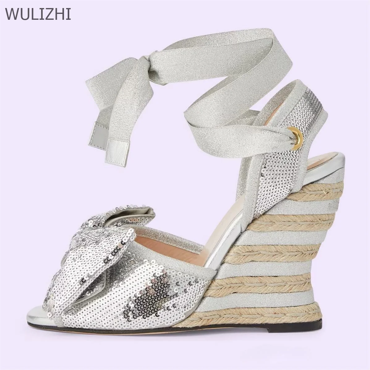 Gold Wedge Lace Butterfly Knot Heels Peep Toe Open Espadarille Patchwork Sandals Lace-Up Fretwork Heels Sequins Slingback Shoes