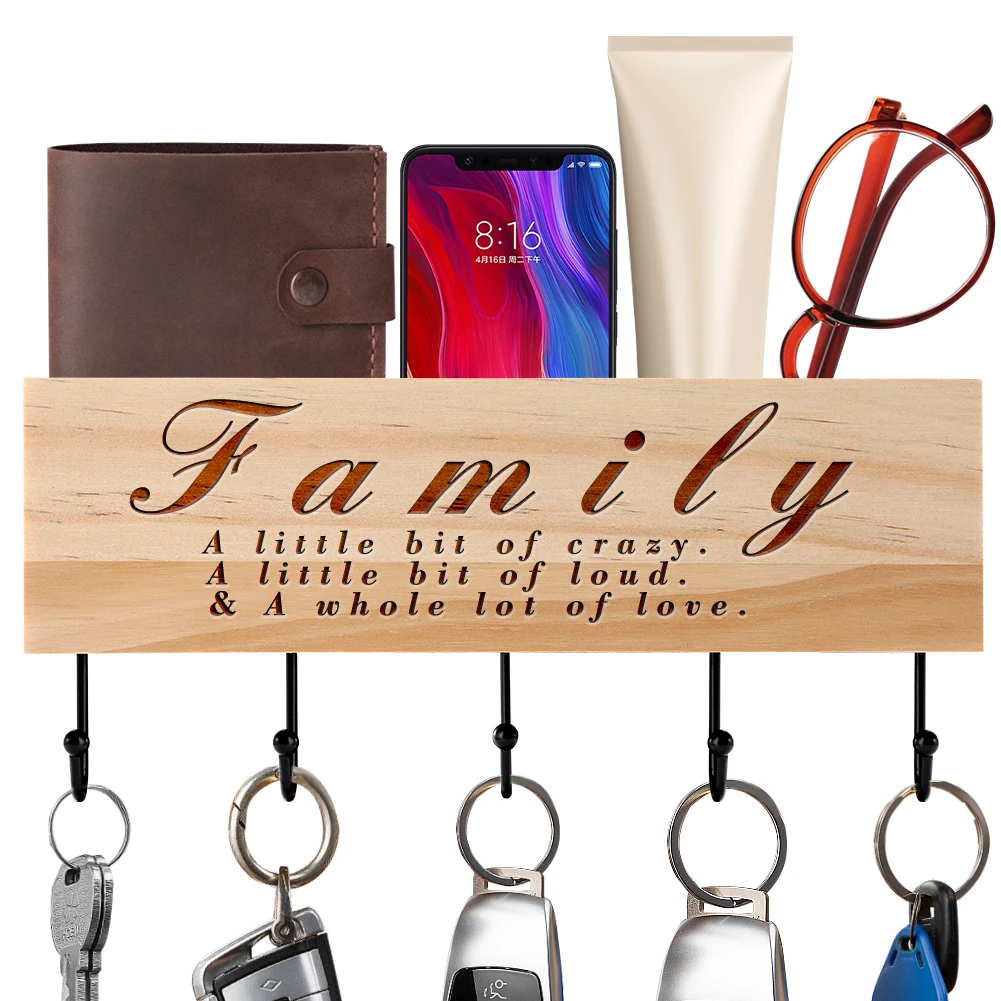 

"Family A little bit of crazy/loud and a whole lot of love"Engraved Wood Wall-Mounted Iron Key Holders Home Door Decorative Rack