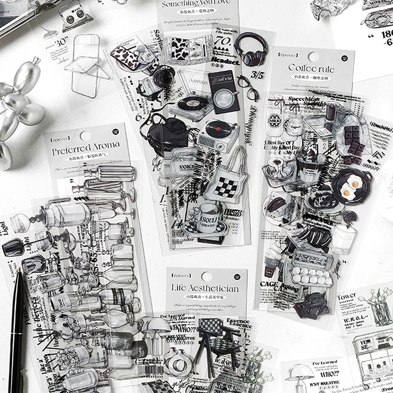 

6 листов, черно-белые наклейки для творческого коллажа