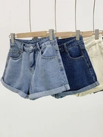 summer short women high waist loose cuffs jeans lady high street wide leg short pants female a line washed jeans