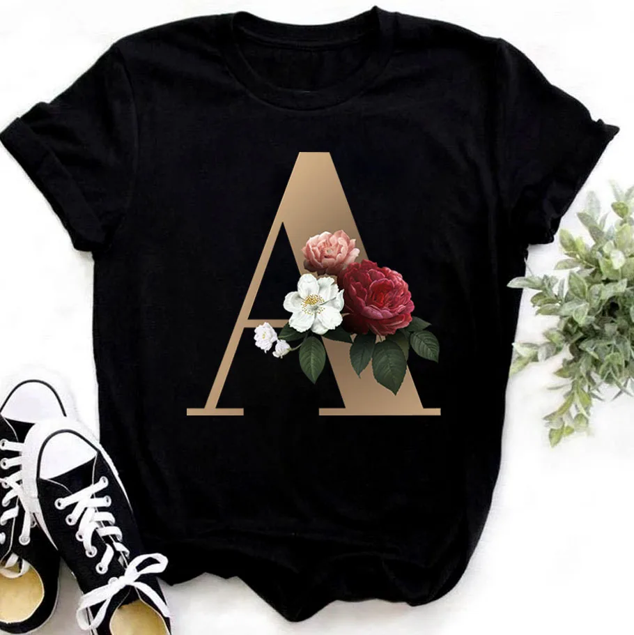 

Custom Name Letter Combination Fashion Women T-shirt Flower Letter Font A B C D E F G Short Sleeve Tops Black T-shirt Clothing