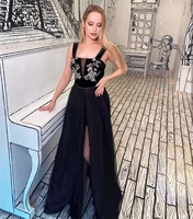 black a line prom dresses lace appliqued spaghetti strap evening party gowns side split long maid of honor vestidos de gala