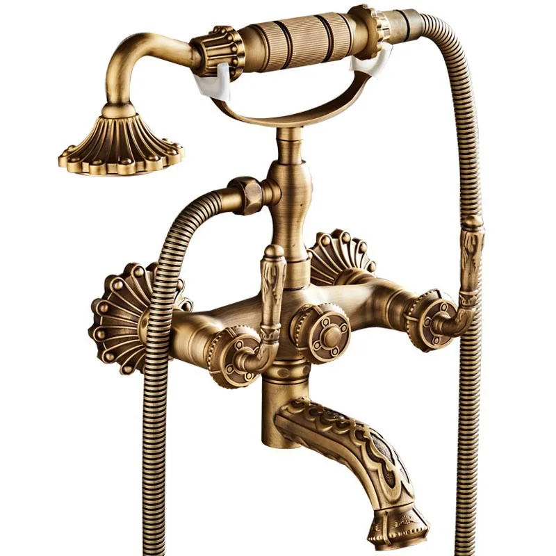 

Antique Brass Bathtub Shower Faucets Set Wall Mounted Bath Shower Set Swivel Tub Spout Bath Shower Dual Control Carved Mixer Tap