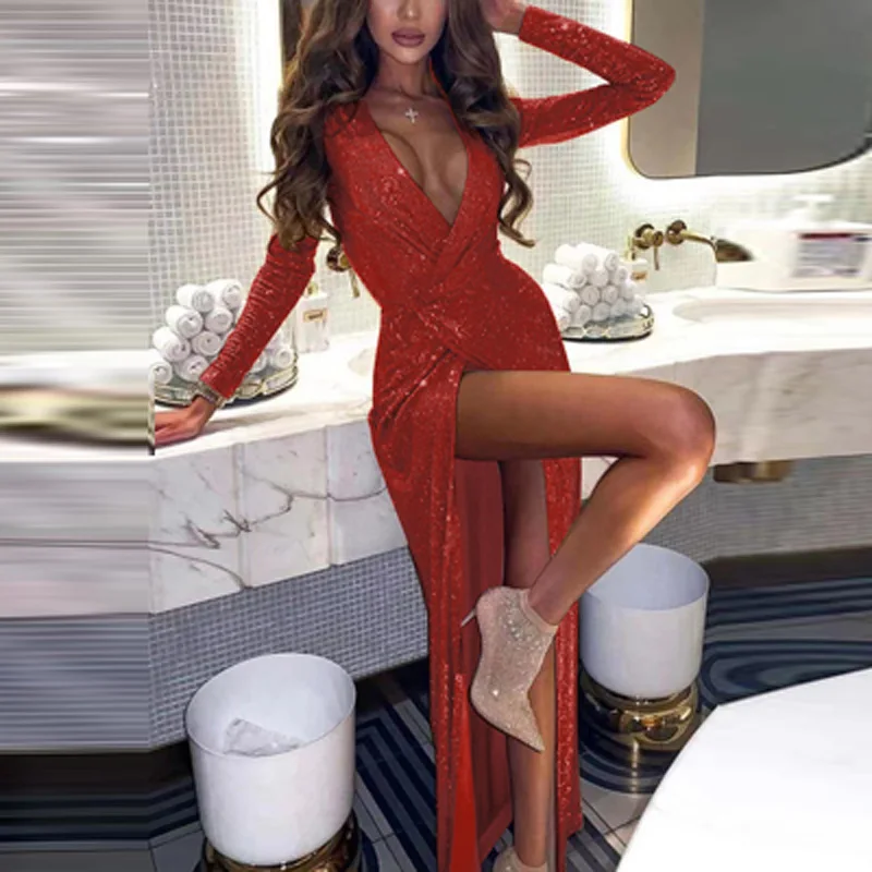 

Women Sexy Deep V Neck Robe Club Party DressDraped High Slit Shiny Sequin Dress Spring Autumn Hollow Out Slim Boho Long Dresses