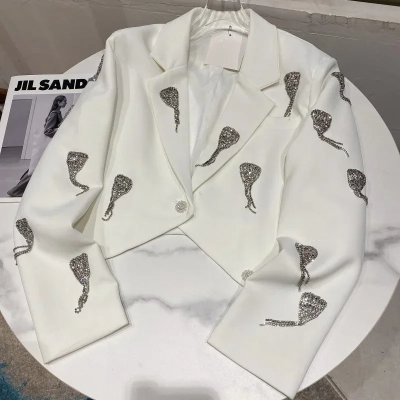 Women's Love Tassel Rhinestone Chain Short Female Blazer Spring New Fashion Pure Color Jacket