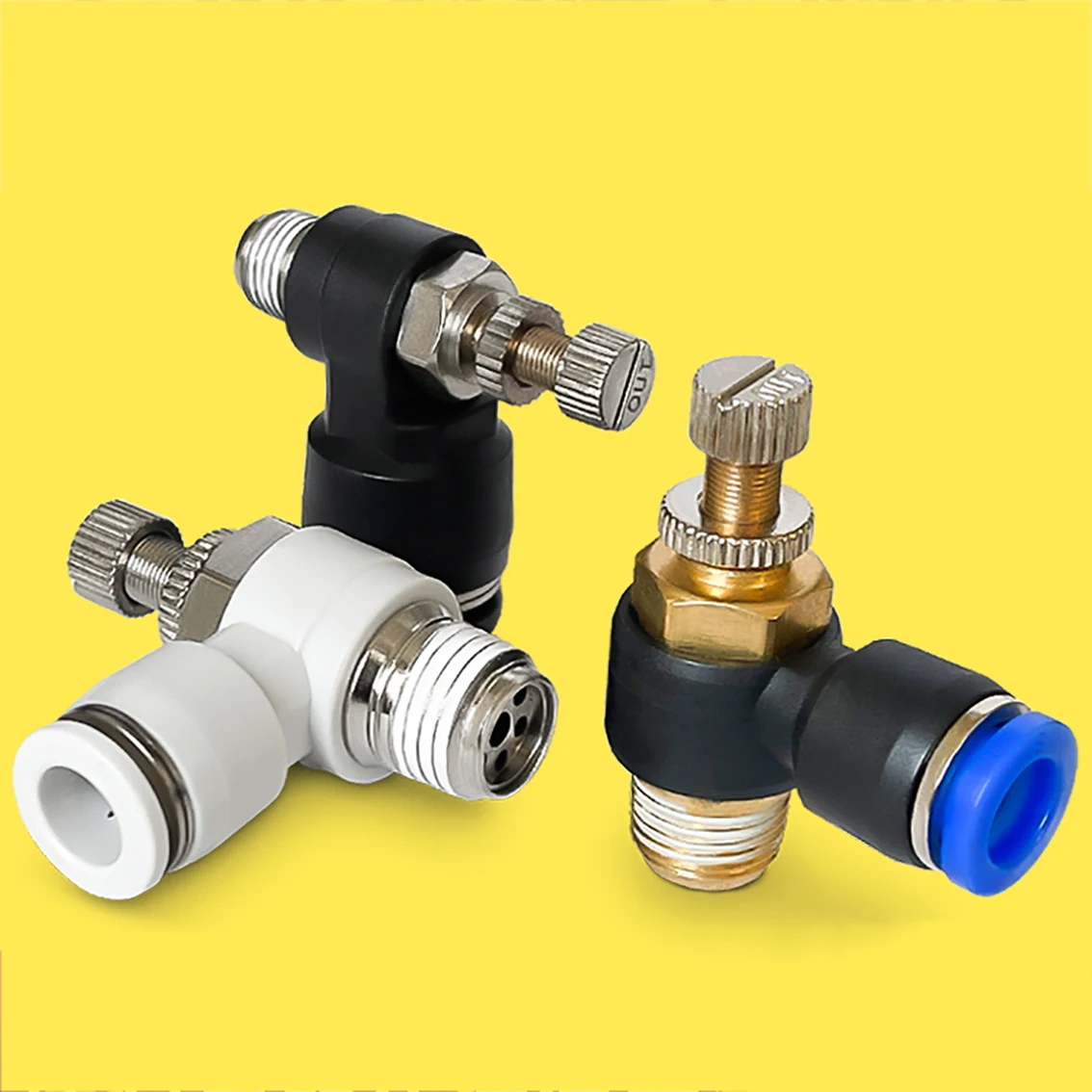 

1Pcs Plastic M5 1/8" 1/4" 3/8" 1/2" White/Black/Blue Pneumatic Throttle Valve Adjustable Speed Valve Cylinder Push In connectors