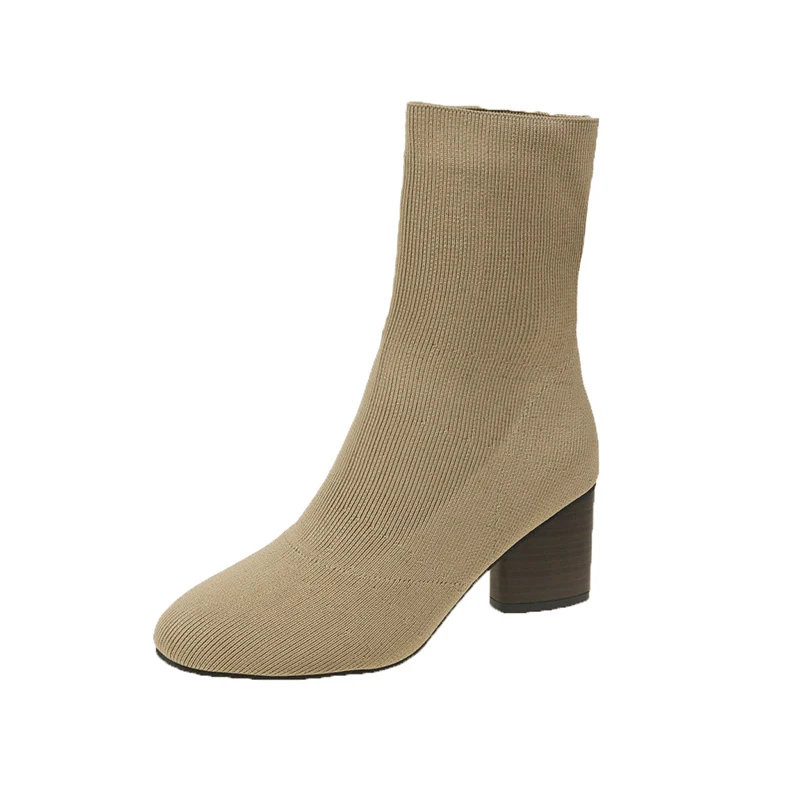 

New Autumn Winter Thick High-heeled All-match Thin Boots Women's Round Toe Mid-tube Elastic Socks Boots Women