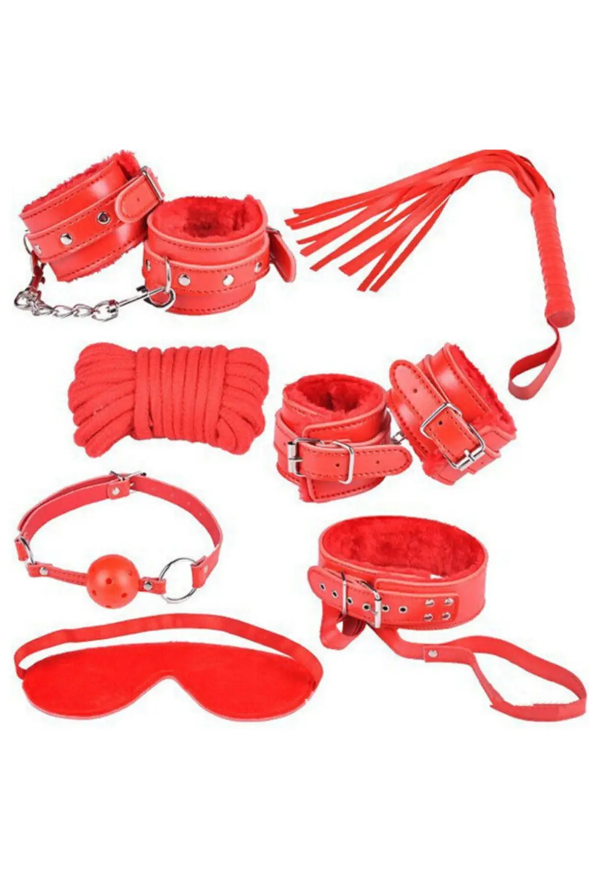 

Unisex Red Fancy Handcuffs Whip Full Set of Accessories