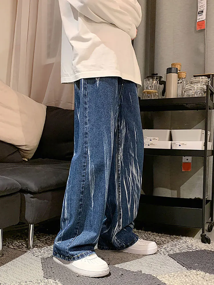 

American Tie Dye Jeans Men's Loose Casual Wide-leg Straight Trousers Autumn 2022 Korean Fashion High Street Hip-hop Style Trend