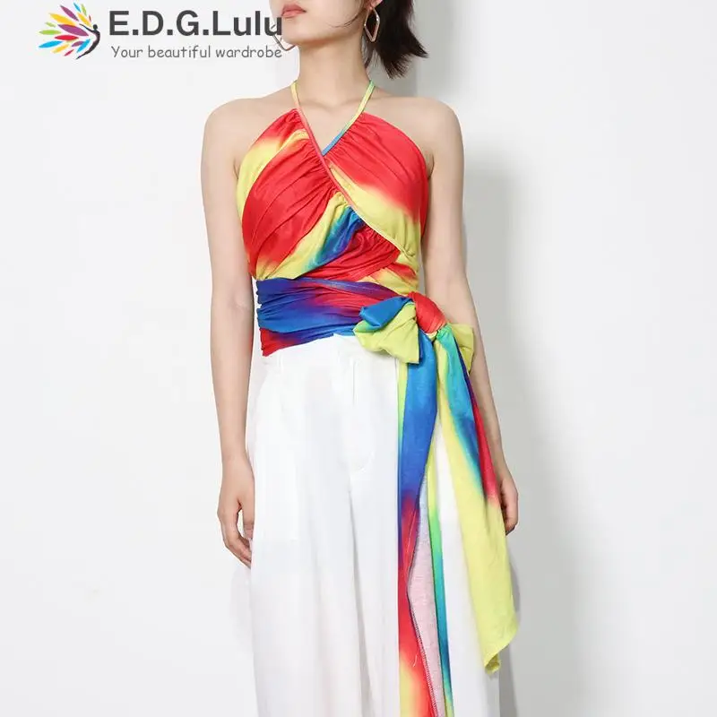 

EDGLuLu Summer 2022 Sexy Party Color-block Tie-dye Tops Backless Sleeveless Short Crop Tops Lace-up Bow Camisoles Streetwear0709