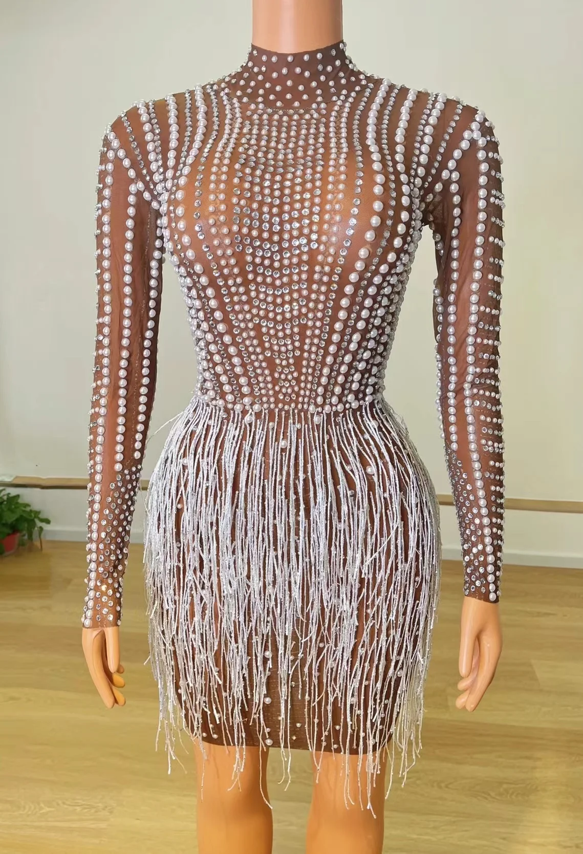 

Evening Sexy Flashing Pearls Rhinestones Fringe Transparent Dress Birthday Celebrate Prom See Through Outfit Women Dancer