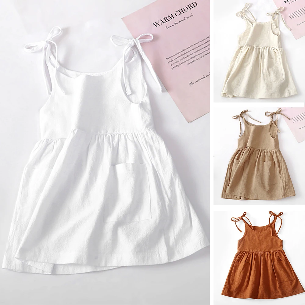 

2022 Kids Girls Summer Dress Solid Cotton Sleeveless Suspenders Clothes With Pocket Baby Children Sling Princess Party Dresses