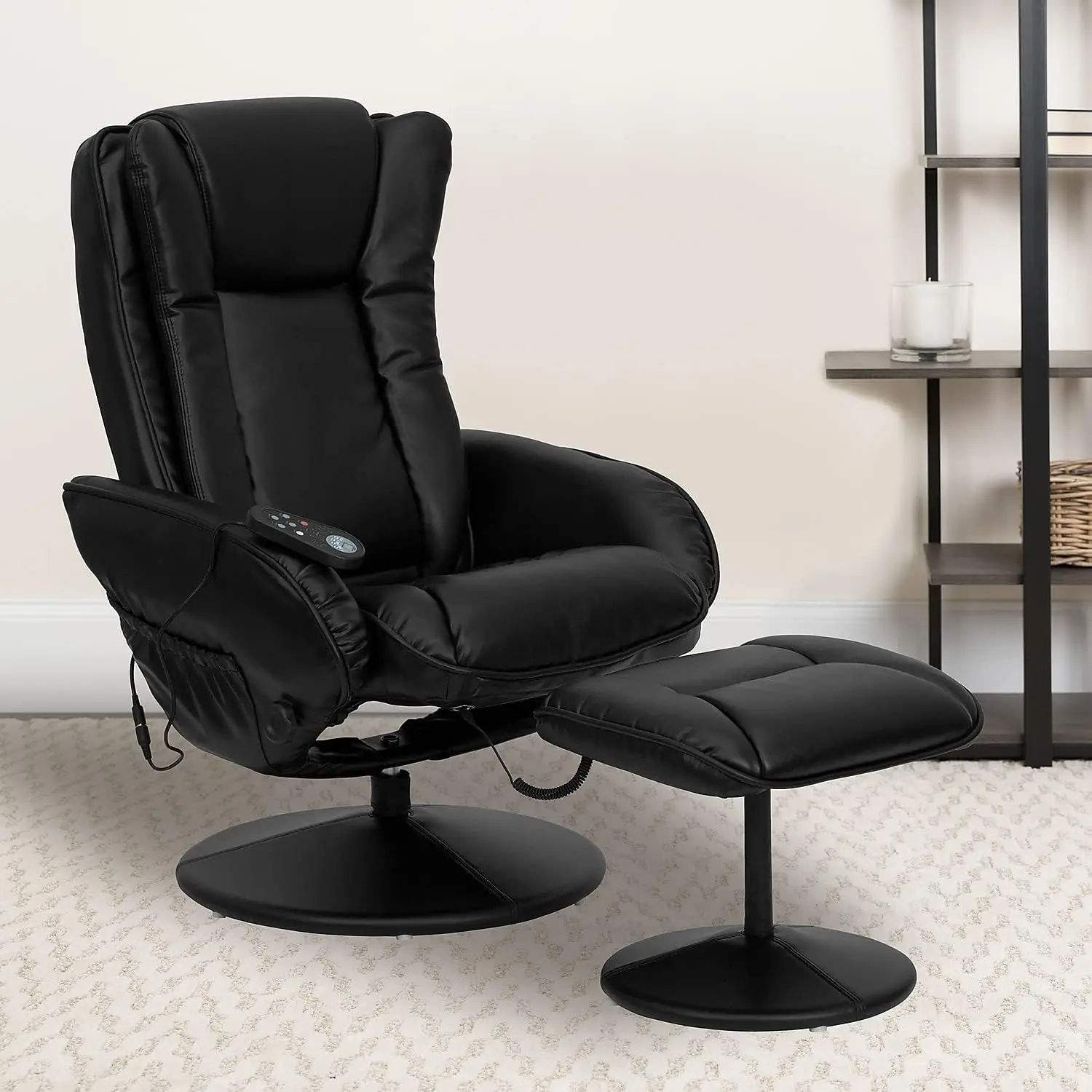 

Massaging Multi-Position Plush Recliner with Side Pocket and Ottoman in Black LeatherSoft Focv test