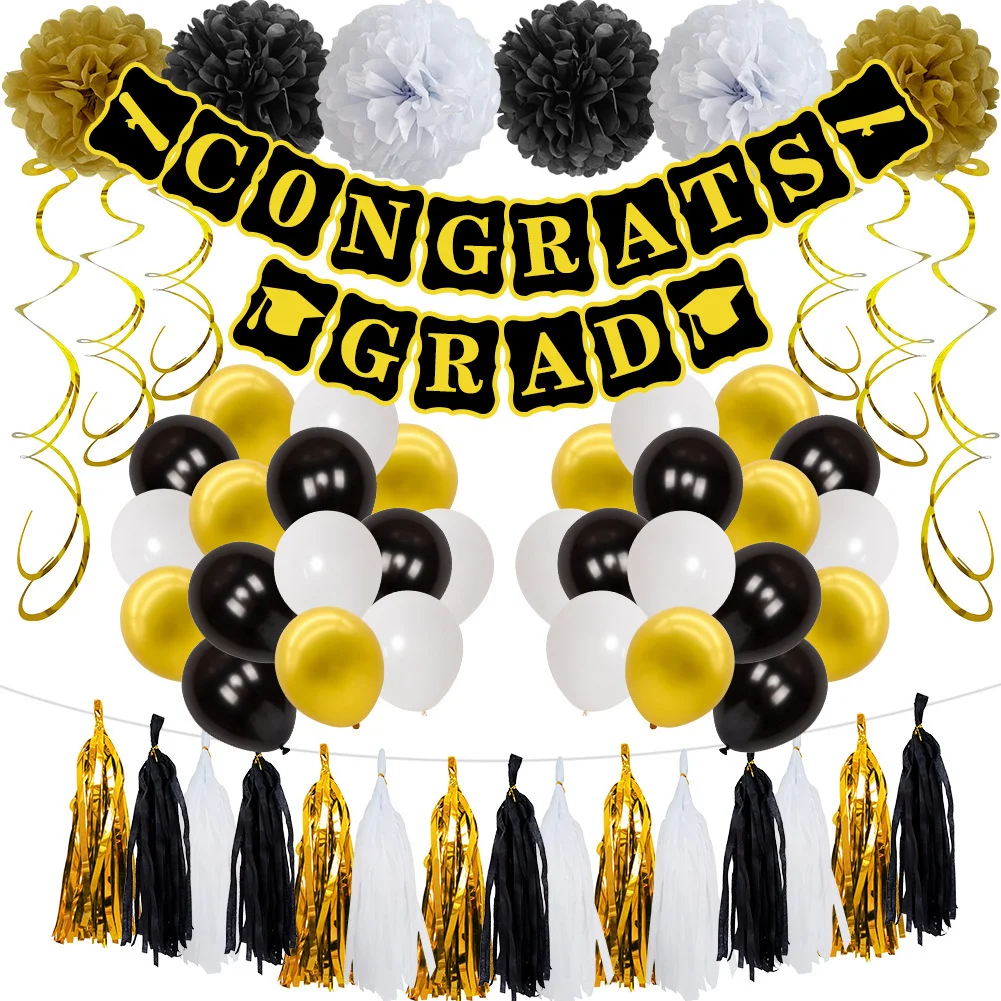 

Graduation Party Decoration Balloon Set Black Gold Theme School Graduation Background Pull Flag Latex Balloon Set Wholesale