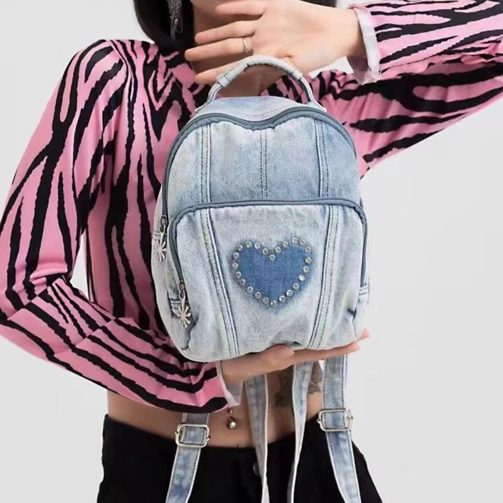 Fashion Denim Women Backpack Heart  School Backpacks Diamonds Shoulder Bags for Women 2023 Small Canvas Book Bag Travel Bag Chic
