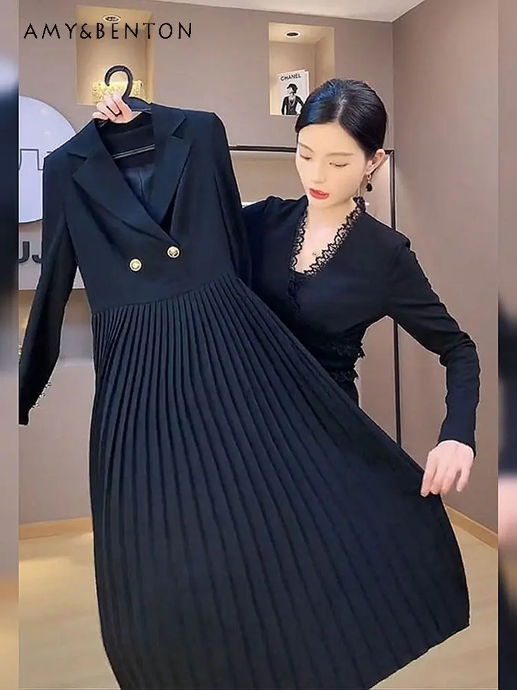 Women's Spring Autumn High-Grade Black Business Suit Dress Female Black Elegant Fashion Socialite Pleated Long Sleeve Dress