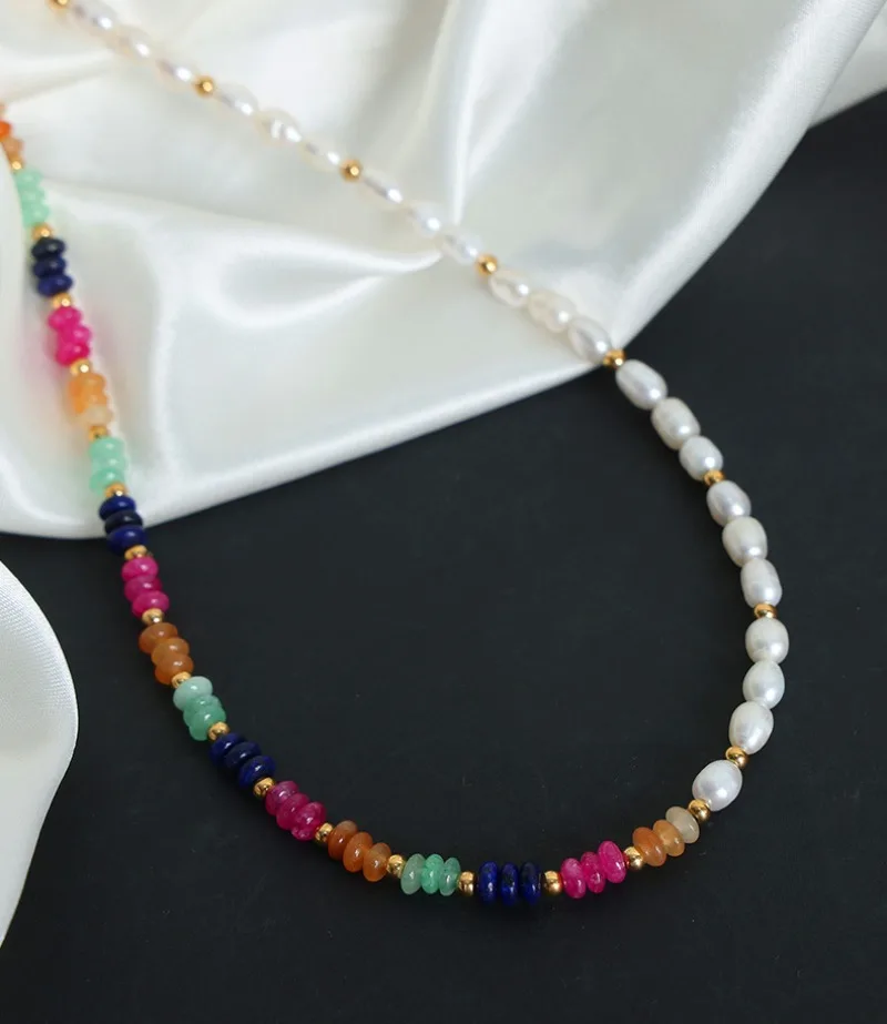 

Minar Bohemia Rainbow Natural Stone Freshwater Pearl Strand Beaded Necklaces for Women 18K Gold PVD Plated Titanium Steel Choker