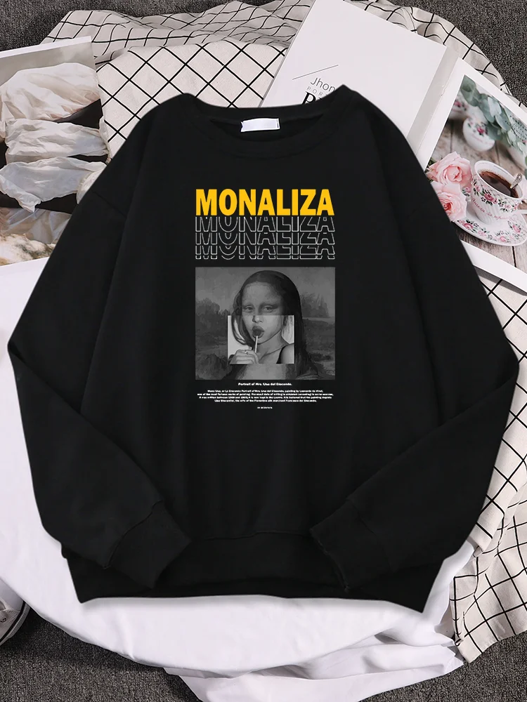 

Modern Monaliza Eat Lollipop Creativity Splicing Prints Women Hoody Crewneck Comfortable Hoodies Loose Soft Tops Woman Pullovers