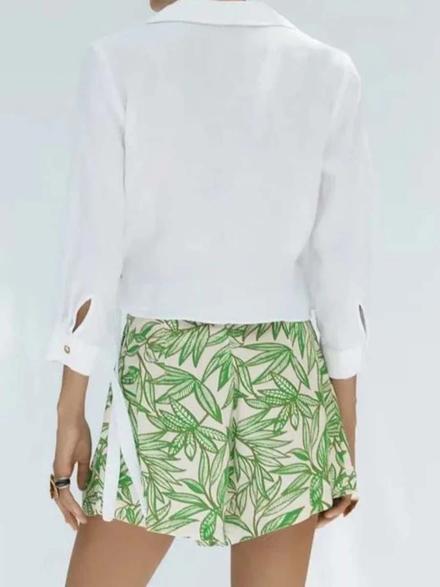 Summer Women's Green Printed High-waisted All-in-one Pocket Design Pleated Decorative Casual Wide-leg Shorts Holiday Style