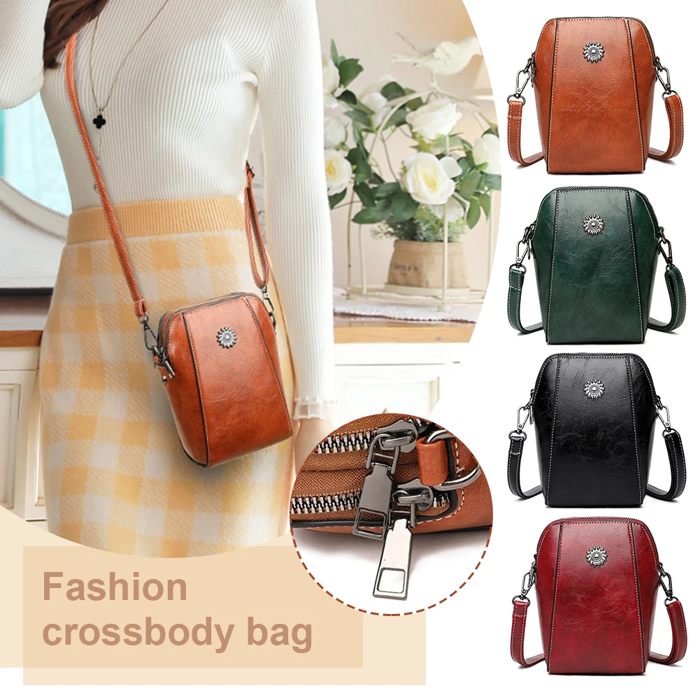

Women All-Match Leather Bag Solid Color Coin Phone Bag Waterproof Scratch-Resistant Versatile Zipper Crossbody Wallet Phone Bag