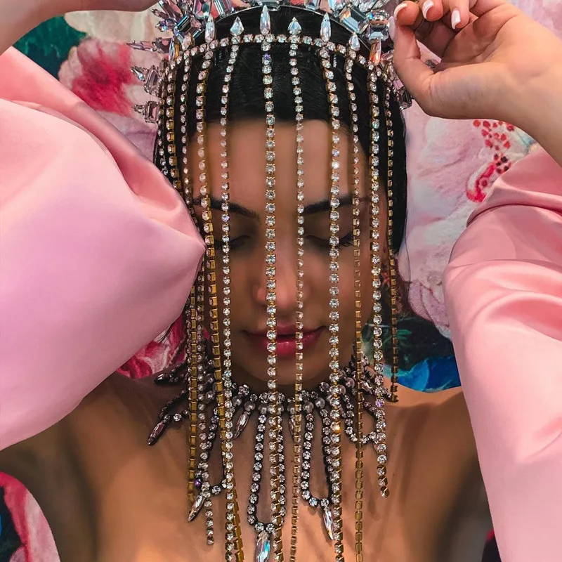 

Exaggerated Long Tassel Headband Rhinestone Flashing Diamond Chain Hairpin Hair Chain Headband Party Hair Jewelry Accessories