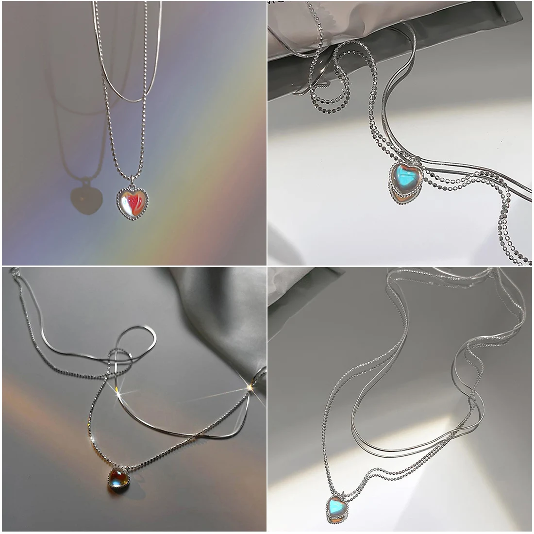 

Heart Necklace Alloy Moonstone Sweet Love Clavicle Chain Simple Double Layer Necklace Female Gradient Love Pendant For Women