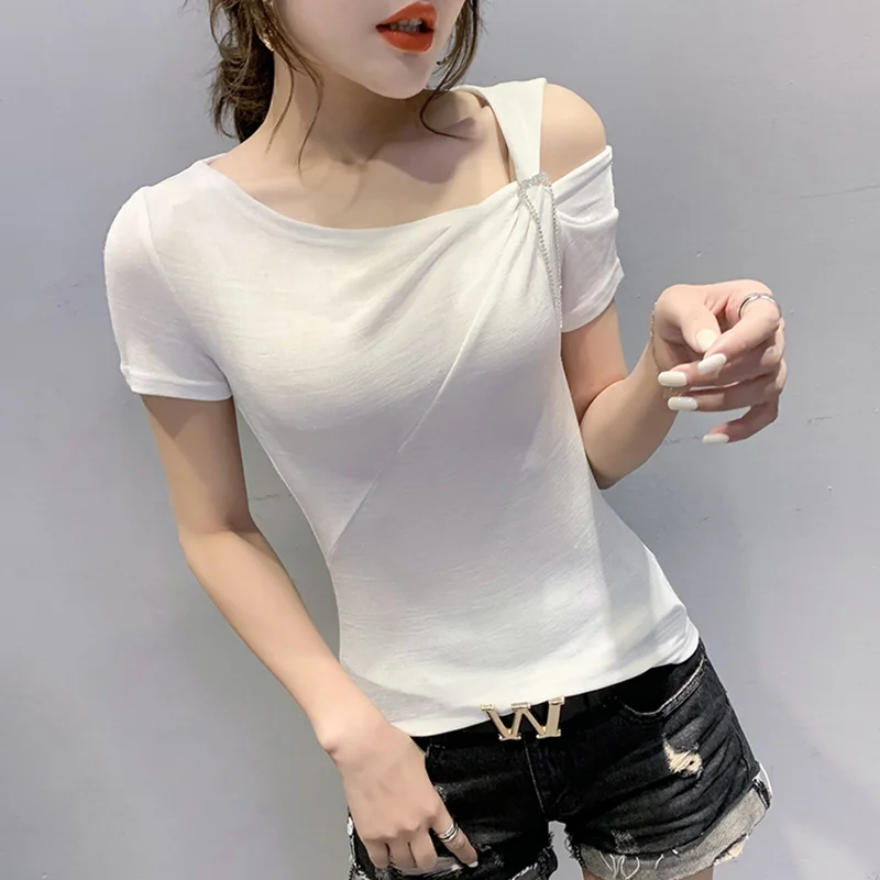 

#7317 футболка с косым воротником и коротким рукавом, Женская хлопковая облегающая футболка с открытыми плечами, Женская облегающая футболка,...