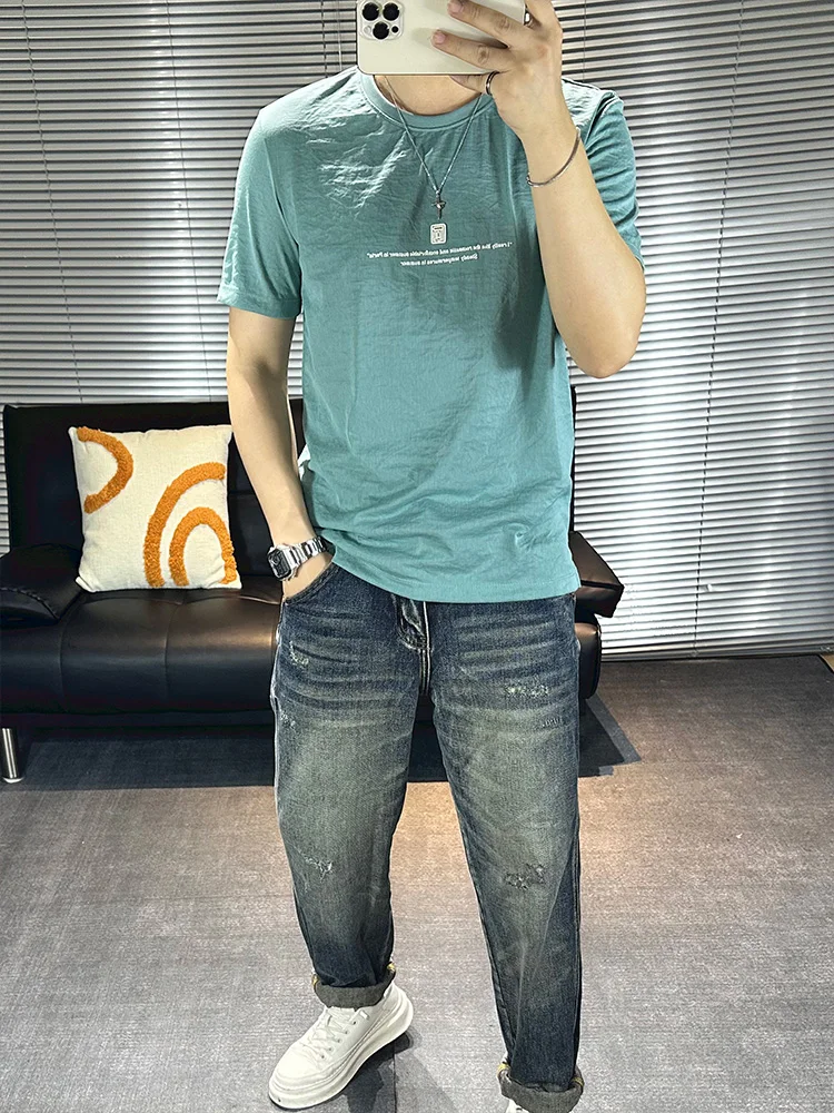 Мужская футболка из хлопка и льна с короткими рукавами тонкая дышащая крутым