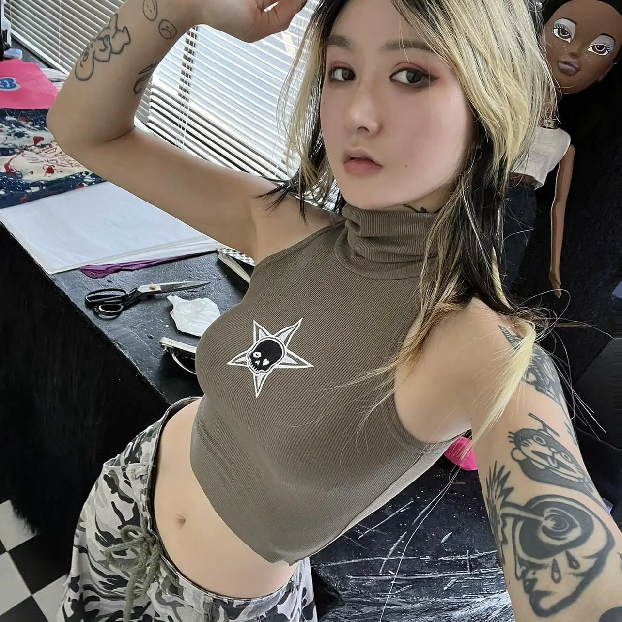 

Hot Girl Skull Pile Collar Vest Pure Desire Sexy Small High Neck Slim Fit Slim Versatile Sleeveless Top