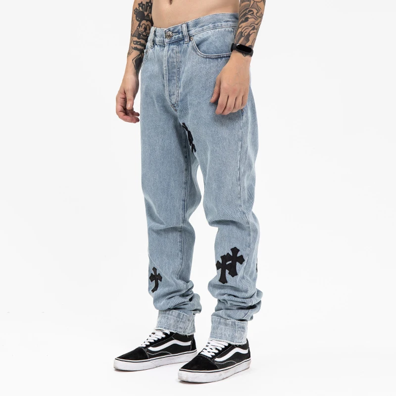 YIHANKE New Genuine Leather Cross Jeans For Men 2021 High Street Blue Jeans Homme Loose Straight Hearts Pants Moto Trouse